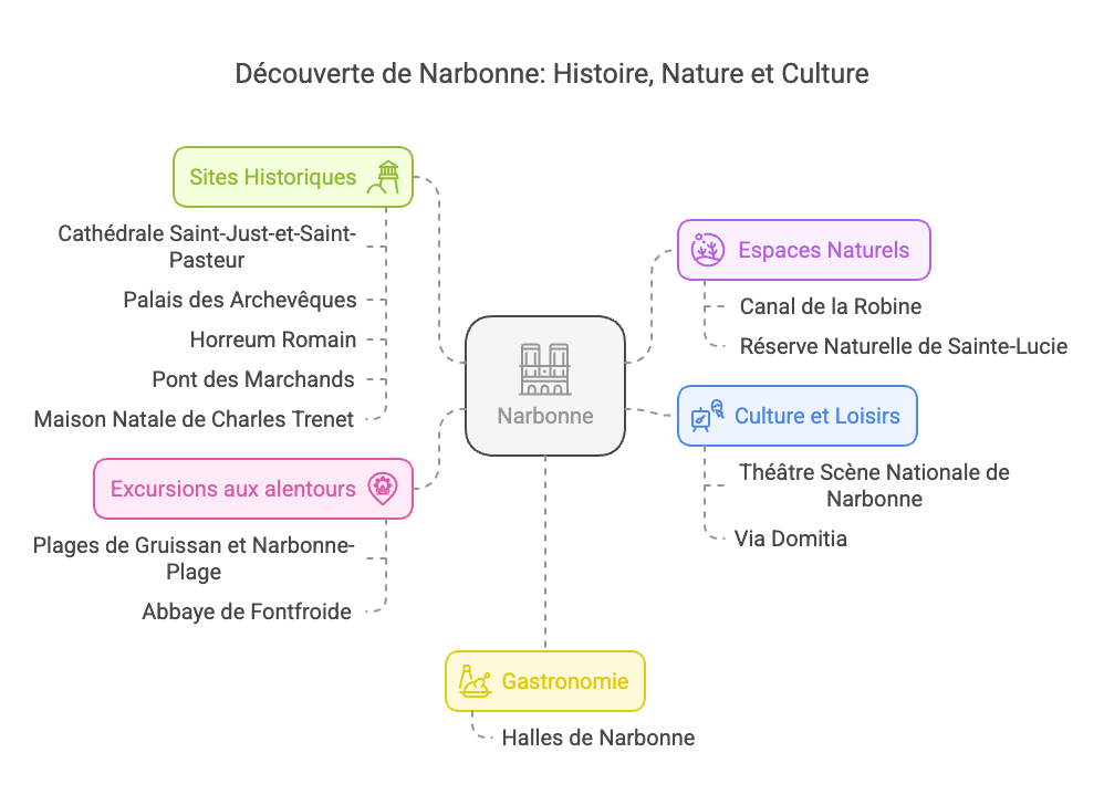 Que voir à Narbonne ? Schéma présentant les différents lieux à visiter à Narbonne par catégorie